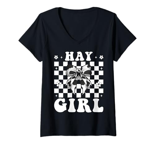 Damen Hay Girl Lustiger Milchbauer Kuh Milch Landwirtschaft Kokette Bogen T-Shirt mit V-Ausschnitt von Womens Coquette Bow Dairy Farmer Cow Farming Gifts