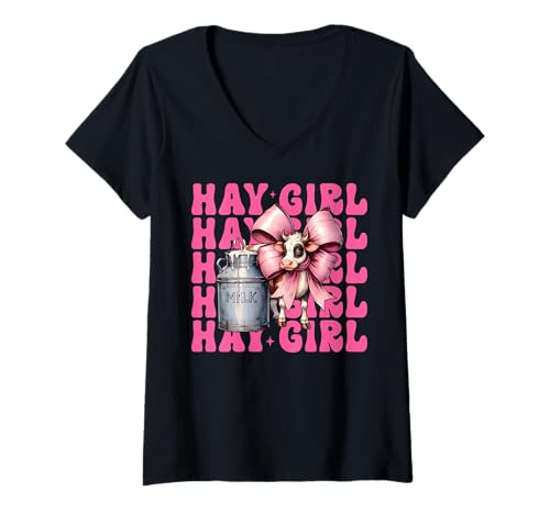 Damen Hay Girl Lustiger Milchbauer Kuh Milch Landwirtschaft Kokette Bogen T-Shirt mit V-Ausschnitt von Womens Coquette Bow Dairy Farmer Cow Farming Gifts