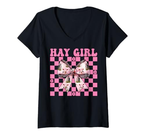 Damen Hay Girl Lustiger Milchbauer Kuh Milch Landwirtschaft Kokette Bogen T-Shirt mit V-Ausschnitt von Womens Coquette Bow Dairy Farmer Cow Farming Gifts