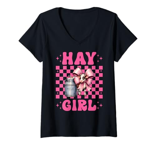 Damen Hay Girl Lustiger Milchbauer Kuh Milch Landwirtschaft Kokette Bogen T-Shirt mit V-Ausschnitt von Womens Coquette Bow Dairy Farmer Cow Farming Gifts