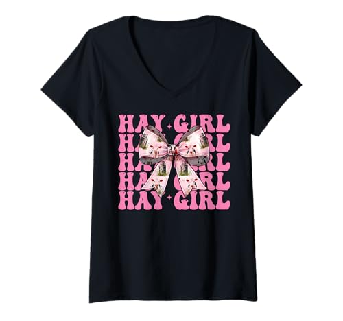 Damen Hay Girl Lustiger Milchbauer Kuh Milch Landwirtschaft Kokette Bogen T-Shirt mit V-Ausschnitt von Womens Coquette Bow Dairy Farmer Cow Farming Gifts