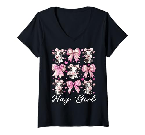 Damen Hay Girl Lustiger Milchbauer Kuh Milch Landwirtschaft Kokette Bogen T-Shirt mit V-Ausschnitt von Womens Coquette Bow Dairy Farmer Cow Farming Gifts