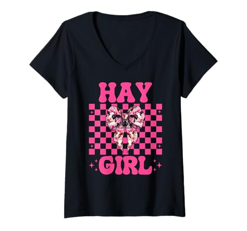 Damen Hay Girl Lustiger Milchbauer Kuh Milch Landwirtschaft Kokette Bogen T-Shirt mit V-Ausschnitt von Womens Coquette Bow Dairy Farmer Cow Farming Gifts