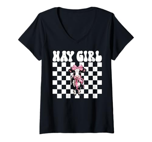 Damen Hay Girl Lustiger Milchbauer Kuh Milch Landwirtschaft Kokette Bogen T-Shirt mit V-Ausschnitt von Womens Coquette Bow Dairy Farmer Cow Farming Gifts