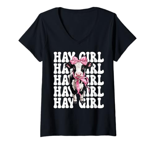 Damen Hay Girl Lustiger Milchbauer Kuh Milch Landwirtschaft Kokette Bogen T-Shirt mit V-Ausschnitt von Womens Coquette Bow Dairy Farmer Cow Farming Gifts