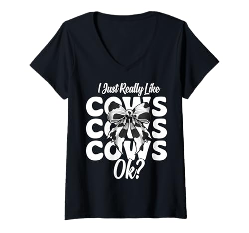Damen Ich mag Kühe einfach sehr, okay? Milchbauer, Kuhzüchter, Mädchen T-Shirt mit V-Ausschnitt von Womens Coquette Bow Dairy Farmer Cow Farming Gifts