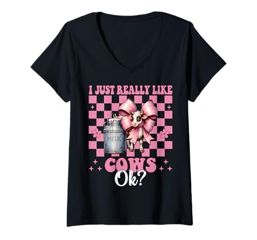 Damen Ich mag Kühe einfach sehr, okay? Milchbauer, Kuhzüchter, Mädchen T-Shirt mit V-Ausschnitt von Womens Coquette Bow Dairy Farmer Cow Farming Gifts