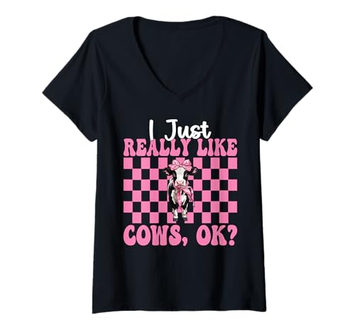 Damen Ich mag Kühe einfach sehr, okay? Milchbauer, Kuhzüchter, Mädchen T-Shirt mit V-Ausschnitt von Womens Coquette Bow Dairy Farmer Cow Farming Gifts