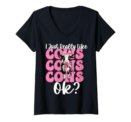 Damen Ich mag Kühe einfach sehr, okay? Milchbauer, Kuhzüchter, Mädchen T-Shirt mit V-Ausschnitt von Womens Coquette Bow Dairy Farmer Cow Farming Gifts