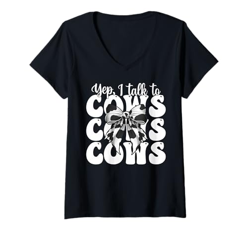 Damen Ja, ich spreche mit Cows Dairy Farmer Cow Dairy Farming Girl Mama T-Shirt mit V-Ausschnitt von Womens Coquette Bow Dairy Farmer Cow Farming Gifts