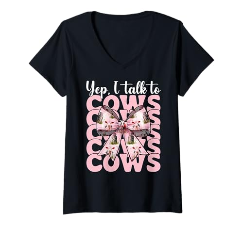 Damen Ja, ich spreche mit Cows Dairy Farmer Cow Dairy Farming Girl Mama T-Shirt mit V-Ausschnitt von Womens Coquette Bow Dairy Farmer Cow Farming Gifts