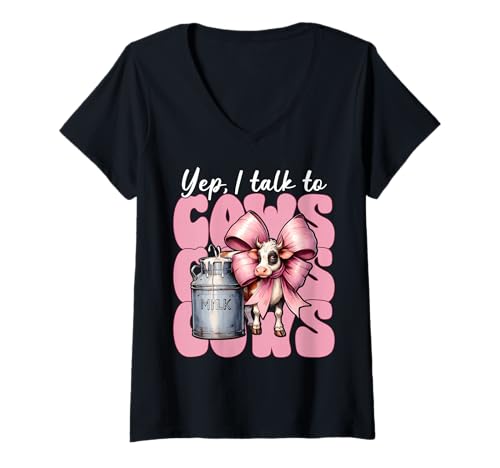Damen Ja, ich spreche mit Cows Dairy Farmer Cow Dairy Farming Girl Mama T-Shirt mit V-Ausschnitt von Womens Coquette Bow Dairy Farmer Cow Farming Gifts