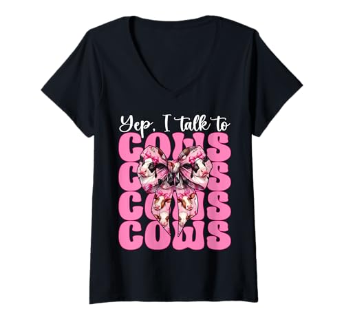 Damen Ja, ich spreche mit Cows Dairy Farmer Cow Dairy Farming Girl Mama T-Shirt mit V-Ausschnitt von Womens Coquette Bow Dairy Farmer Cow Farming Gifts