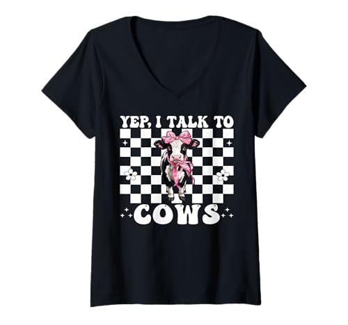 Damen Ja, ich spreche mit Cows Dairy Farmer Cow Dairy Farming Girl Mama T-Shirt mit V-Ausschnitt von Womens Coquette Bow Dairy Farmer Cow Farming Gifts