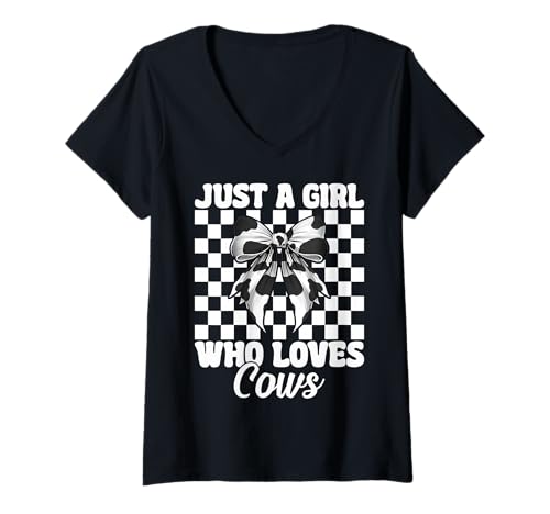 Damen Just A Girl Who Loves Cows Milchbauer Kuhzucht Kokette T-Shirt mit V-Ausschnitt von Womens Coquette Bow Dairy Farmer Cow Farming Gifts