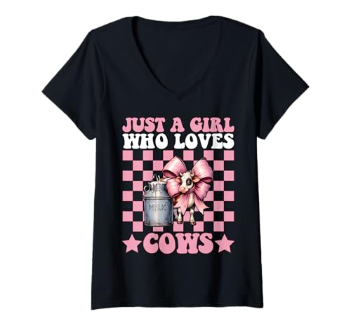 Damen Just A Girl Who Loves Cows Milchbauer Kuhzucht Kokette T-Shirt mit V-Ausschnitt von Womens Coquette Bow Dairy Farmer Cow Farming Gifts