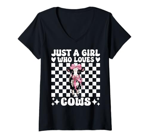 Damen Just A Girl Who Loves Cows Milchbauer Kuhzucht Kokette T-Shirt mit V-Ausschnitt von Womens Coquette Bow Dairy Farmer Cow Farming Gifts