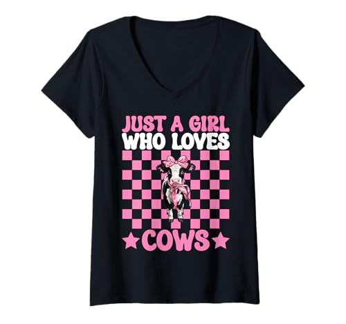 Damen Just A Girl Who Loves Cows Milchbauer Kuhzucht Kokette T-Shirt mit V-Ausschnitt von Womens Coquette Bow Dairy Farmer Cow Farming Gifts