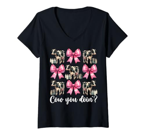 Damen Kuh You Doin'? Lustiger Milchbauer Kuh Milchwirtschaft Mädchen Mama T-Shirt mit V-Ausschnitt von Womens Coquette Bow Dairy Farmer Cow Farming Gifts