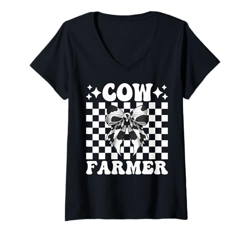 Damen Kuhbauer Milchbauer Kuh Milchvieh Landwirtschaft Mädchen Mama Kokette T-Shirt mit V-Ausschnitt von Womens Coquette Bow Dairy Farmer Cow Farming Gifts