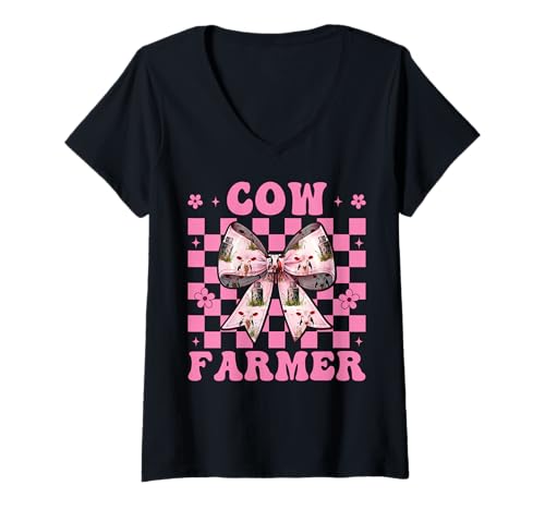 Damen Kuhbauer Milchbauer Kuh Milchvieh Landwirtschaft Mädchen Mama Kokette T-Shirt mit V-Ausschnitt von Womens Coquette Bow Dairy Farmer Cow Farming Gifts
