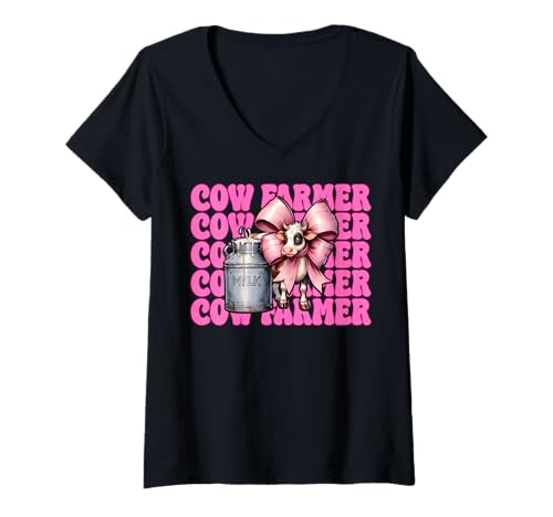Damen Kuhbauer Milchbauer Kuh Milchvieh Landwirtschaft Mädchen Mama Kokette T-Shirt mit V-Ausschnitt von Womens Coquette Bow Dairy Farmer Cow Farming Gifts