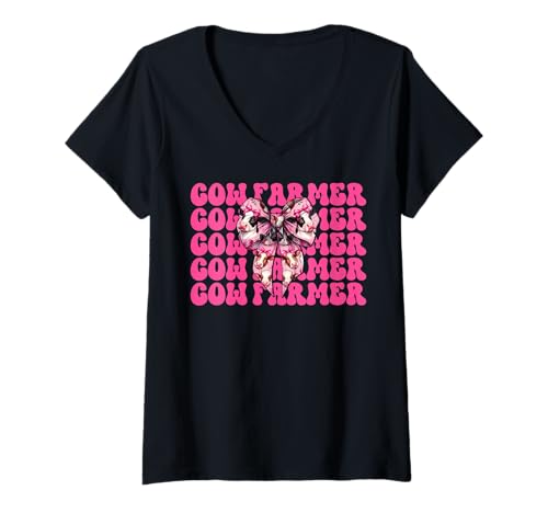 Damen Kuhbauer Milchbauer Kuh Milchvieh Landwirtschaft Mädchen Mama Kokette T-Shirt mit V-Ausschnitt von Womens Coquette Bow Dairy Farmer Cow Farming Gifts