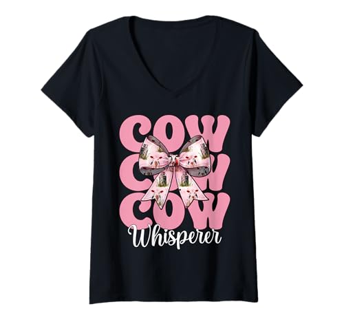 Damen Kuhflüsterer Lustige Milchbauer Kuh Milchvieh Landwirtschaft Mädchen Mama T-Shirt mit V-Ausschnitt von Womens Coquette Bow Dairy Farmer Cow Farming Gifts