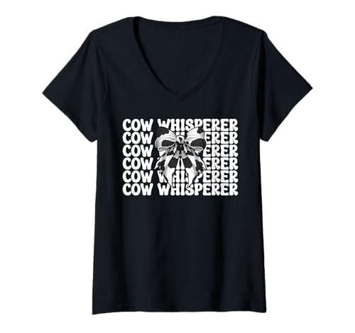 Damen Kuhflüsterer Lustige Milchbauer Kuh Milchvieh Landwirtschaft Mädchen Mama T-Shirt mit V-Ausschnitt von Womens Coquette Bow Dairy Farmer Cow Farming Gifts