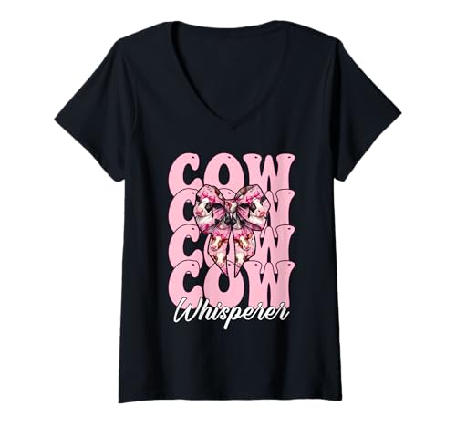 Damen Kuhflüsterer Lustige Milchbauer Kuh Milchvieh Landwirtschaft Mädchen Mama T-Shirt mit V-Ausschnitt von Womens Coquette Bow Dairy Farmer Cow Farming Gifts