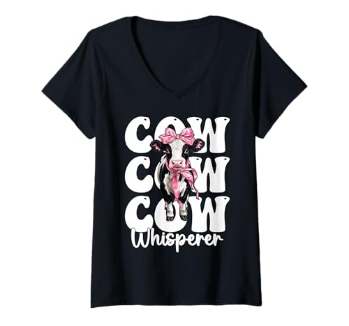 Damen Kuhflüsterer Lustige Milchbauer Kuh Milchvieh Landwirtschaft Mädchen Mama T-Shirt mit V-Ausschnitt von Womens Coquette Bow Dairy Farmer Cow Farming Gifts