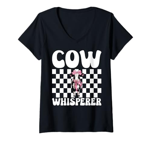 Damen Kuhflüsterer Lustige Milchbauer Kuh Milchvieh Landwirtschaft Mädchen Mama T-Shirt mit V-Ausschnitt von Womens Coquette Bow Dairy Farmer Cow Farming Gifts