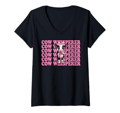Damen Kuhflüsterer Lustige Milchbauer Kuh Milchvieh Landwirtschaft Mädchen Mama T-Shirt mit V-Ausschnitt von Womens Coquette Bow Dairy Farmer Cow Farming Gifts