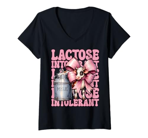 Damen Laktoseintolerante Milchbauer Kuhmilchhaltung Mädchen Mama T-Shirt mit V-Ausschnitt von Womens Coquette Bow Dairy Farmer Cow Farming Gifts