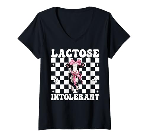 Damen Laktoseintolerante Milchbauer Kuhmilchhaltung Mädchen Mama T-Shirt mit V-Ausschnitt von Womens Coquette Bow Dairy Farmer Cow Farming Gifts
