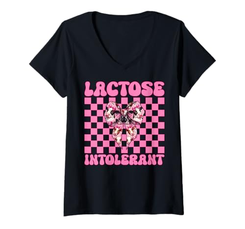 Damen Laktoseintolerante Milchbauer Kuhmilchhaltung Mädchen Mama T-Shirt mit V-Ausschnitt von Womens Coquette Bow Dairy Farmer Cow Farming Gifts