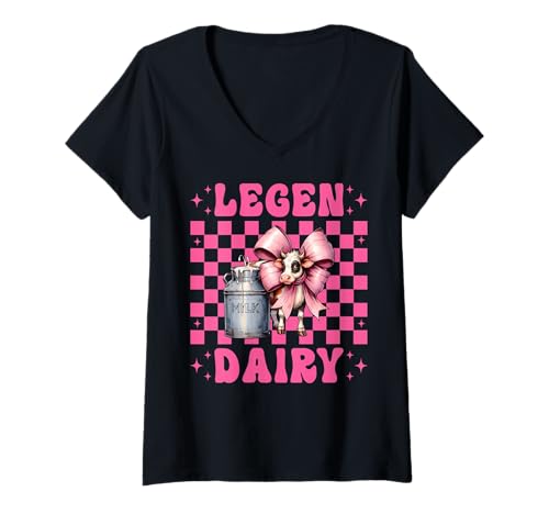 Damen Legen-Dairy Dairy Farmer Kuh Milchvieh Landwirtschaft Mädchen Mama Kokette T-Shirt mit V-Ausschnitt von Womens Coquette Bow Dairy Farmer Cow Farming Gifts