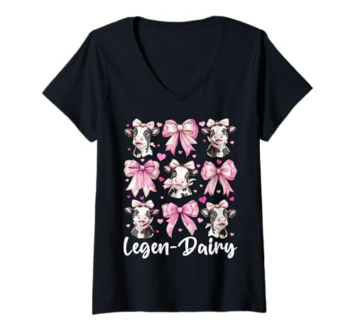 Damen Legen-Dairy Dairy Farmer Kuh Milchvieh Landwirtschaft Mädchen Mama Kokette T-Shirt mit V-Ausschnitt von Womens Coquette Bow Dairy Farmer Cow Farming Gifts