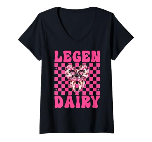 Damen Legen-Dairy Dairy Farmer Kuh Milchvieh Landwirtschaft Mädchen Mama Kokette T-Shirt mit V-Ausschnitt von Womens Coquette Bow Dairy Farmer Cow Farming Gifts