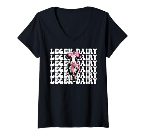 Damen Legen-Dairy Dairy Farmer Kuh Milchvieh Landwirtschaft Mädchen Mama Kokette T-Shirt mit V-Ausschnitt von Womens Coquette Bow Dairy Farmer Cow Farming Gifts