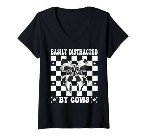 Damen Leicht abgelenkt von Kühen Milchbauer Kuhzucht Mädchen Mama T-Shirt mit V-Ausschnitt von Womens Coquette Bow Dairy Farmer Cow Farming Gifts