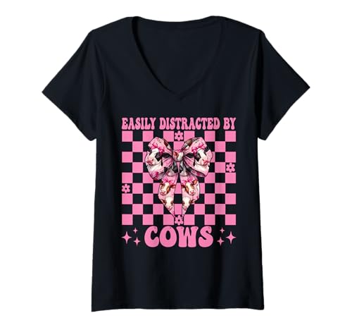 Damen Leicht abgelenkt von Kühen Milchbauer Kuhzucht Mädchen Mama T-Shirt mit V-Ausschnitt von Womens Coquette Bow Dairy Farmer Cow Farming Gifts
