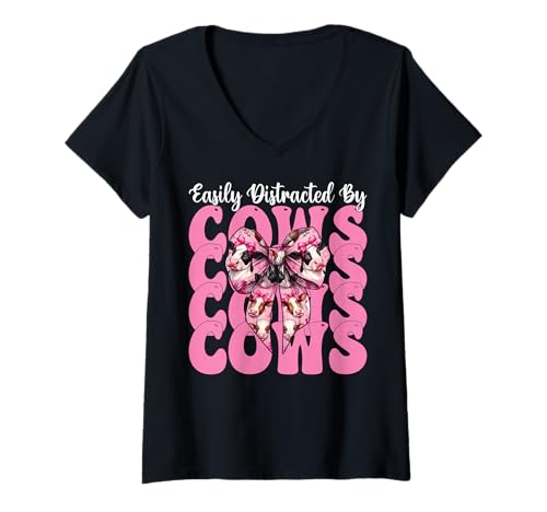Damen Leicht abgelenkt von Kühen Milchbauer Kuhzucht Mädchen Mama T-Shirt mit V-Ausschnitt von Womens Coquette Bow Dairy Farmer Cow Farming Gifts