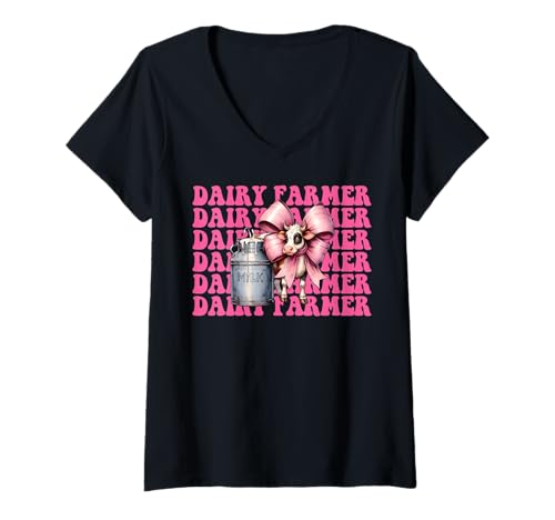 Damen Milchbauer Kuh Milchwirtschaft Mädchen Mama Kokette Schleife T-Shirt mit V-Ausschnitt von Womens Coquette Bow Dairy Farmer Cow Farming Gifts