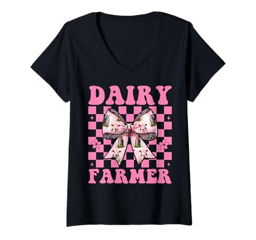Damen Milchbauer Kuh Milchwirtschaft Mädchen Mama Kokette Schleife T-Shirt mit V-Ausschnitt von Womens Coquette Bow Dairy Farmer Cow Farming Gifts