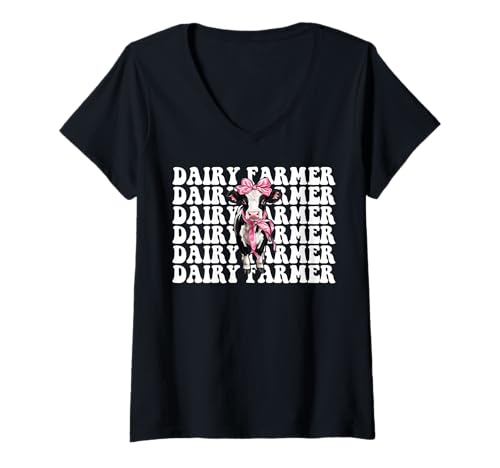 Damen Milchbauer Kuh Milchwirtschaft Mädchen Mama Kokette Schleife T-Shirt mit V-Ausschnitt von Womens Coquette Bow Dairy Farmer Cow Farming Gifts