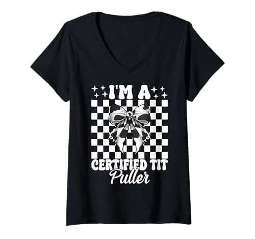 Damen Milchbauer Kuh Milchzucht Mädchen Mama zertifizierter Meisenzieher T-Shirt mit V-Ausschnitt von Womens Coquette Bow Dairy Farmer Cow Farming Gifts