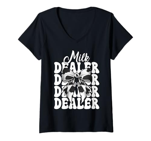 Damen Milchhändler Milchbauer Kuh Milch Landwirtschaft Mädchen Mama Kokette T-Shirt mit V-Ausschnitt von Womens Coquette Bow Dairy Farmer Cow Farming Gifts