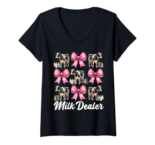 Damen Milchhändler Milchbauer Kuh Milch Landwirtschaft Mädchen Mama Kokette T-Shirt mit V-Ausschnitt von Womens Coquette Bow Dairy Farmer Cow Farming Gifts