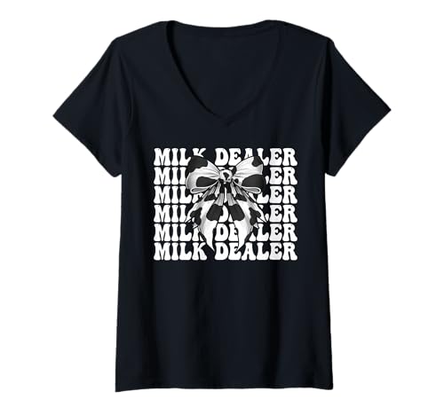 Damen Milchhändler Milchbauer Kuh Milch Landwirtschaft Mädchen Mama Kokette T-Shirt mit V-Ausschnitt von Womens Coquette Bow Dairy Farmer Cow Farming Gifts